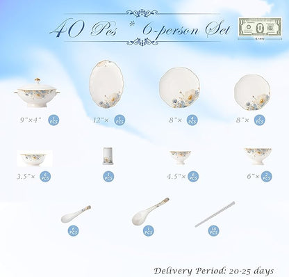 Fine Bone China Dinnerware Set,Porcelain&Ceramic Dinnerware Sets,Bone Stoneware & Ceramic Cookware Tableware Set Includes Dinner Plates|Spoons|Pasta Bowls|Soup Pot|Chopsticks (40 PCS)