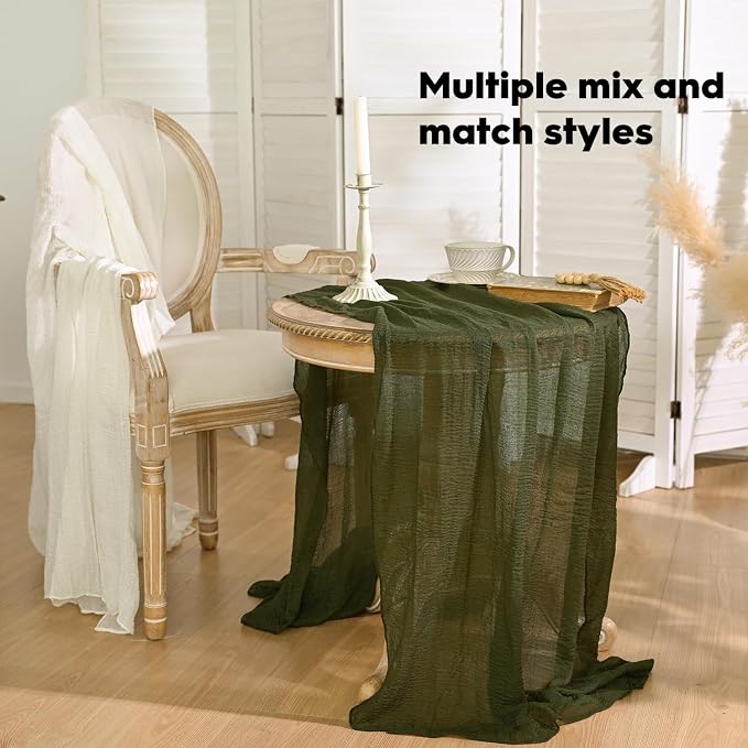 Artoid Mode 6PC Boho Cheesecloth Gauze Olive Green Wedding Table Runner - Image 5