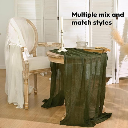 Artoid Mode 6PC Boho Cheesecloth Gauze Olive Green Wedding Table Runner - Image 5