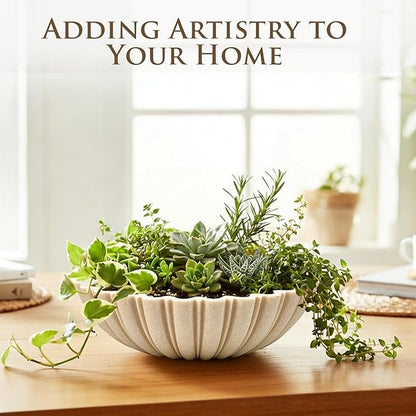 Modern Decorative Bowl for Home Decor - 10.6” Large Beige Resin & Sandstone Centerpiece Bowl for Entryway Table, Coffee Table, Kitchen Counter or Serving Fruit, Includes 10PCS Artificial Moss Rocks