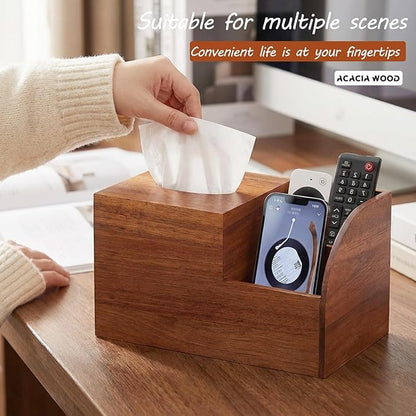 BIBELUN Square Tissue Box Cover,Multi-Functional Wood Tissue Box Holder with Storage Grid,Tissue and Remote Control Holder,Decorative Facial Tissue Cube Box Organizer for Desk,Nightstand,Bathroom