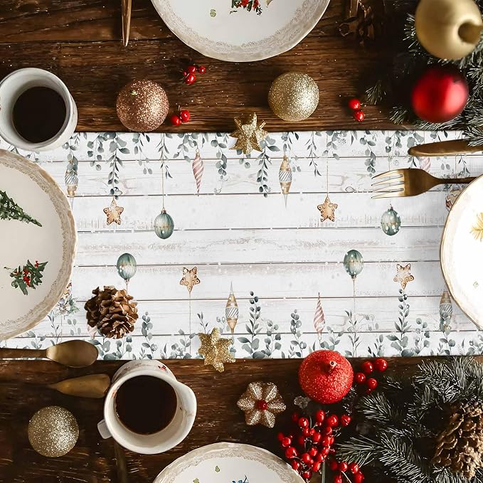 Christmas Snowman Table Runner 72 Inches Long, Xmas Trees Eucalyptus Leaves - Image 4