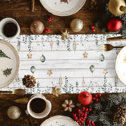 Christmas Snowman Table Runner 108 Inches Long, Xmas Trees Eucalyptus Leaves - Image 4