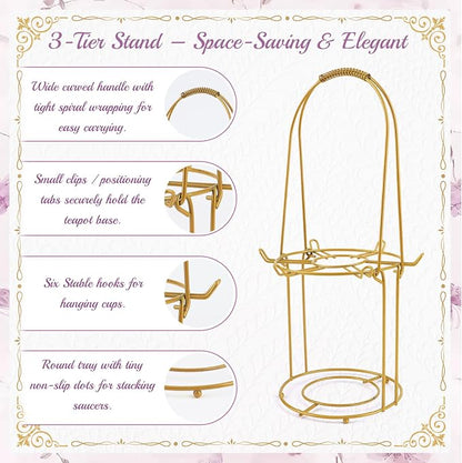 20Pcs Porcelain Tea Set with Metal Holder and Spoon, Floral Adult Tea Sets with - Image 5