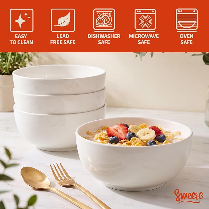 Sweese 24 oz Ceramic Cereal Bowl Set of 4, Round Serving Bowl - Image 4