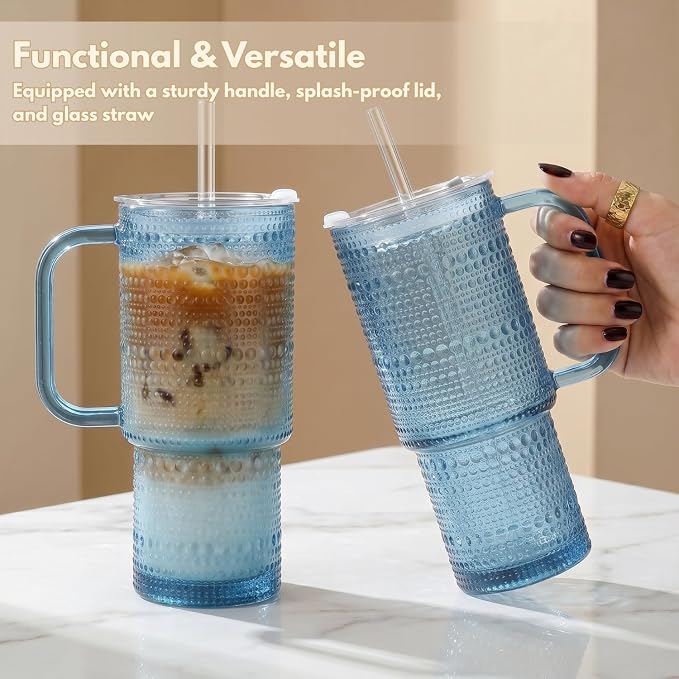 20 oz Blue Glass Tumbler with Lid and Straw, Glass Iced Coffee Cups, - Image 2