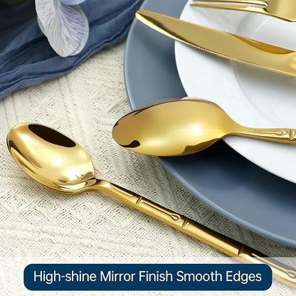 Gold Silverware Set 40-Piece Bamboo Pattern Service - Image 5