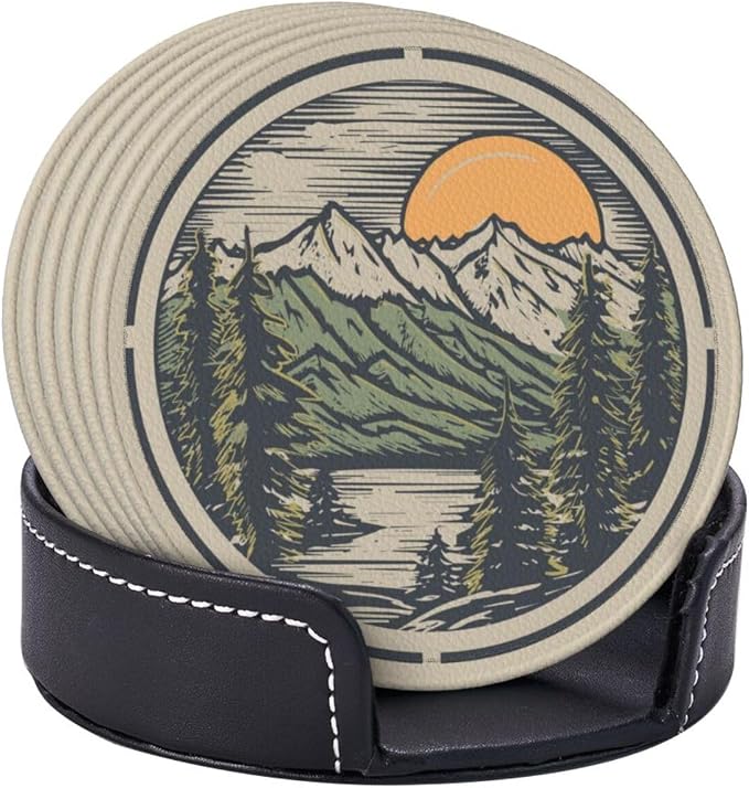 Mountain Sunset Leather Drinks Coasters - Image 3