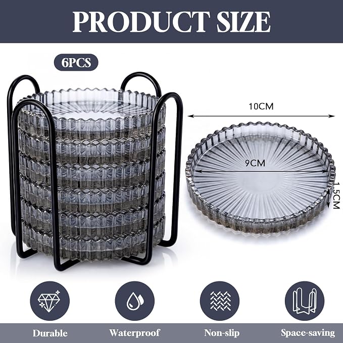 6 Pcs Glass Coasters with Holder Clear Drink Coasters Crystal Round Beverage - Image 2