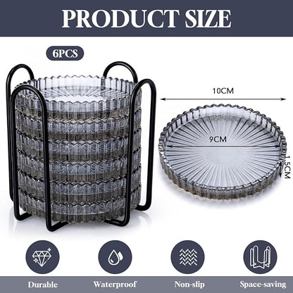 6 Pcs Glass Coasters with Holder Clear Drink Coasters Crystal Round Beverage - Image 2