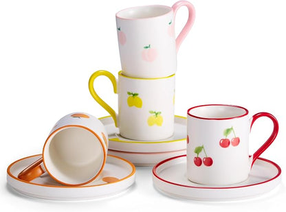 KooK Espresso Cups and Saucers, Hand Painted, Porcelain Demitasse Set by Kook