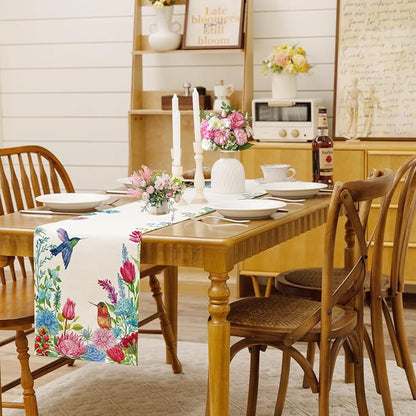 Summer Hummingbirds Floral Table Runner Green Leave Burlap Table Runners - Image 3