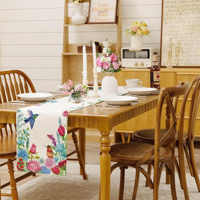 Summer Hummingbirds Floral Table Runner Green Leaves Burlap Table Runners - Image 3
