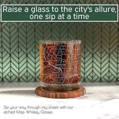 Greenline Goods Whiskey Glasses - 10 Oz Tumbler Gift Set for Austin lovers, Etched with Austin Map | Old Fashioned Rocks Glass - Set of 2