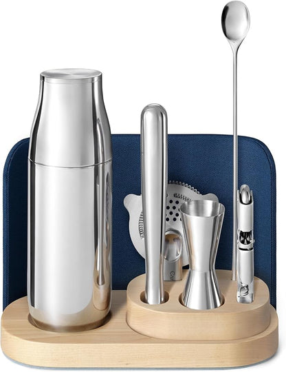 Caraway 9-Piece Complete Bar Set - Cocktail Shaker, Jigger, Muddler, Wine Key, Strainer, Bar Spoon, Storage Organizer, Magnetic Backer - Bartender Accessories - Tools for Home Bartending - Navy