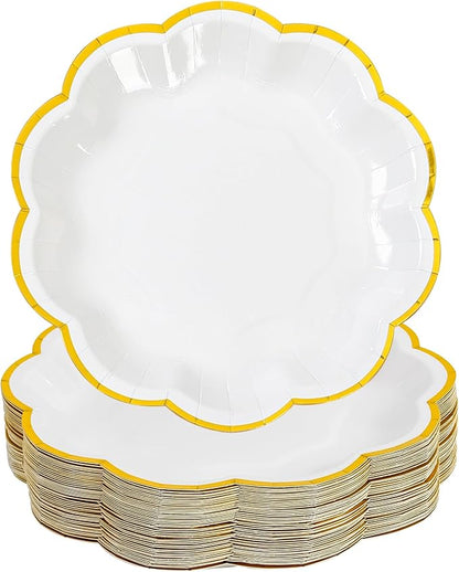 White Golden Party Plates Gold Foil Dessert Paper Plate 7inch Scalloped Edge Disposable Cake Plates for Tea Party Birthday Bridal Baby Shower Wedding Party Supplies (24, White)