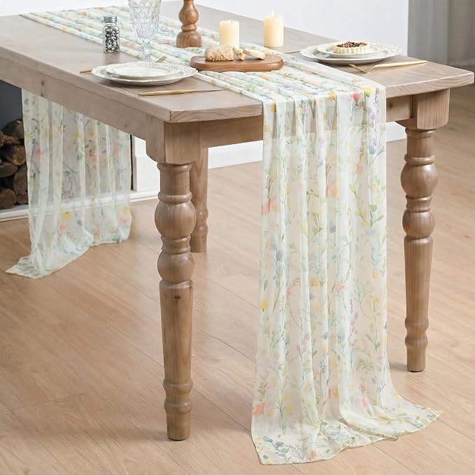 Artoid Mode Floral Spring Boho White Chiffon Table Runner 120 Inches 10FT - Image 4