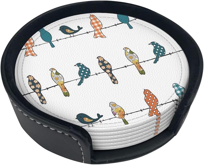 6 Pcs Rowley Birds Floral Pattern Leather Coasters - Image 2