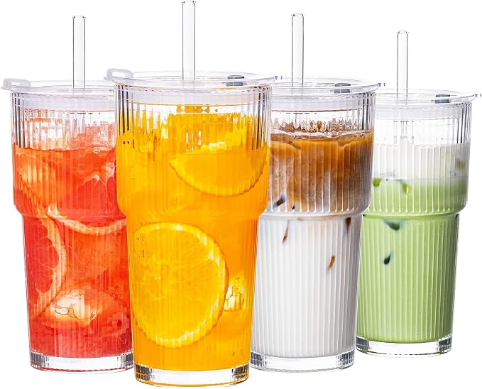 20oz Iced Coffee Cups with Lids, Glass Coffee Cups with Lids and Straws | Clear by VA1KENE