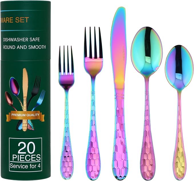 Hammered Silverware Set 20 Pieces, 18/10 Stainless Steel Colorful Silverware Set by AJIEVWU-BESTFORYOU