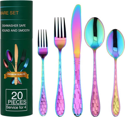 Hammered Silverware Set 20 Pieces, 18/10 Stainless Steel Colorful Silverware Set by AJIEVWU-BESTFORYOU