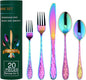 Hammered Silverware Set 20 Pieces, 18/10 Stainless Steel Colorful Silverware Set by AJIEVWU-BESTFORYOU