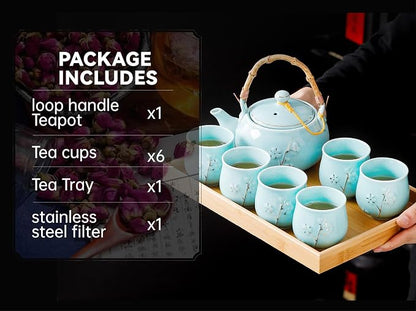 Japanese Tea Set with 1 Teapot, 6 Tea cups, 1 Tea Tray, 1 Stainless Infuser - Image 4