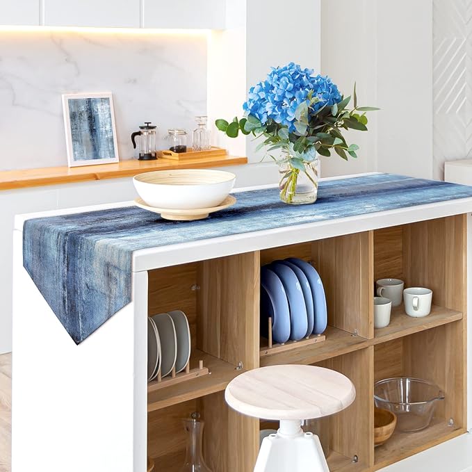 Blue and Grey Table Runner, Abstract Modern Art Burlap Table Runners - Image 6