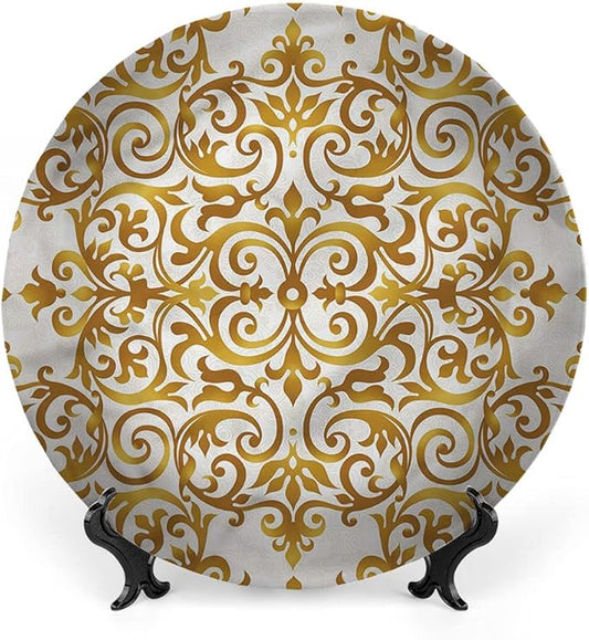 Ceramic Display Plate, Victorian Ceramic Hanging Decorative Plate, Victorian Lace Floral, 8 Inch, Living Room Kitchen Decoration Household, Golden
