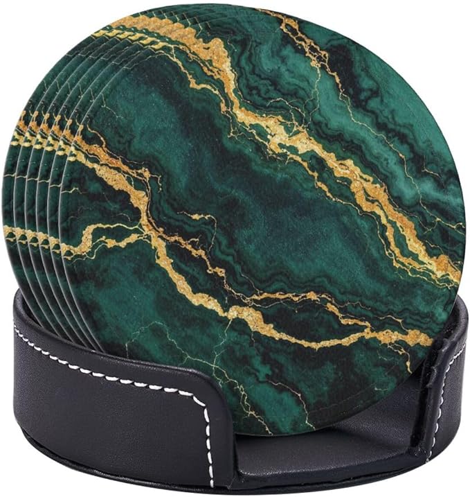 Drink Coasters with Holder Stand Set of 6, Emerald Green Gold Marble Pu Leather - Image 2