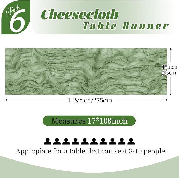 6 Pack Sage Green Cheesecloth Table Runner, 17 x 108 Inch, Gauze Cheese Cloth - Image 2