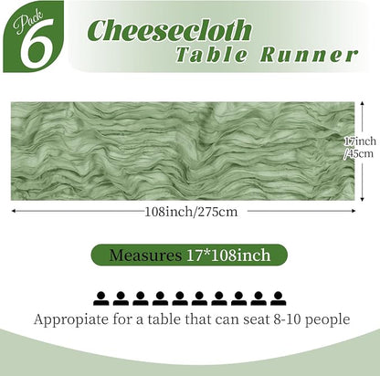 6 Pack Sage Green Cheesecloth Table Runner, 17 x 108 Inch, Gauze Cheese Cloth - Image 2