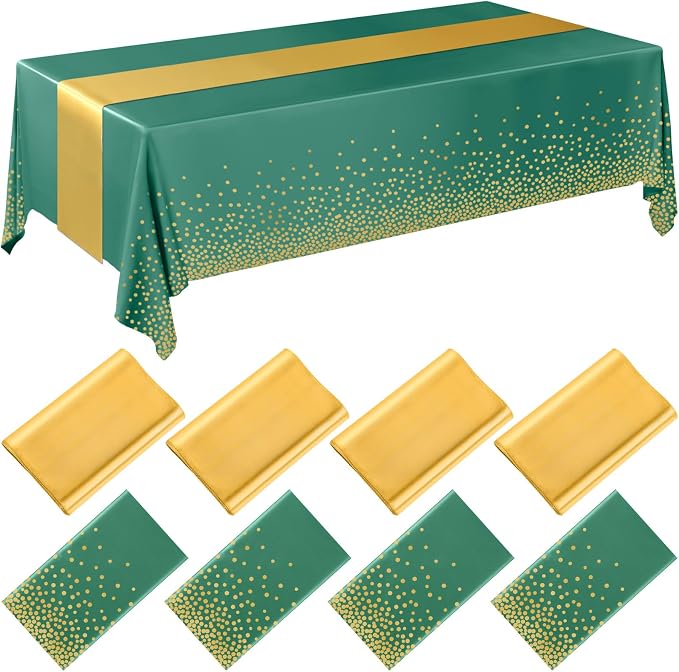 8 Pack Green and Gold Disposable Plastic Tablecloths and Satin Table Runner Set by Breling