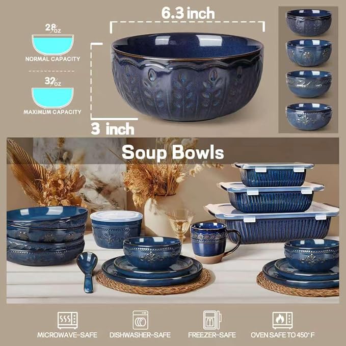 Soup Bowls 32 OZ, Cereal Bowls Set of 4, Embossment Ceramic Ramen Bowls - Image 2