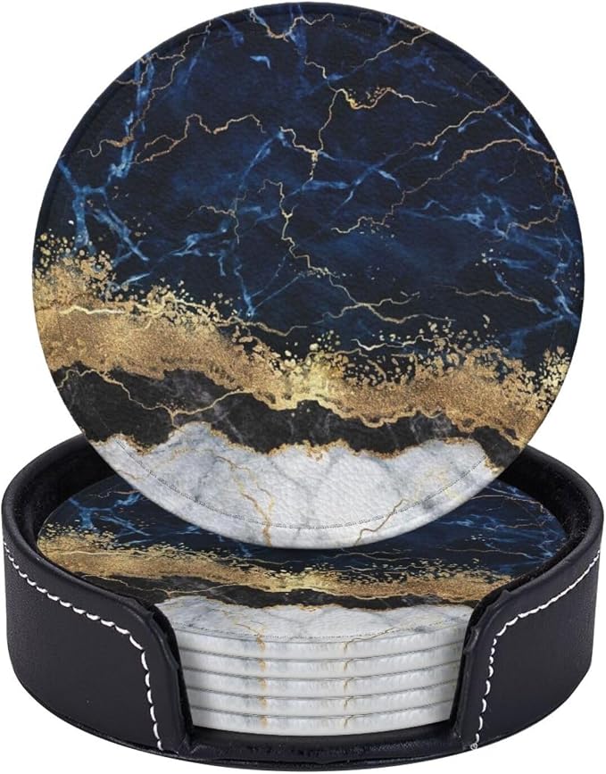 6 Pcs Gold Navy Blue Marble Leather Coasters by Jfniub