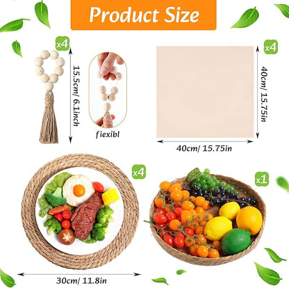 4 Sets Boho Decoration Placemats Round Woven Placemats, Cloth Napkins, Wood - Image 3