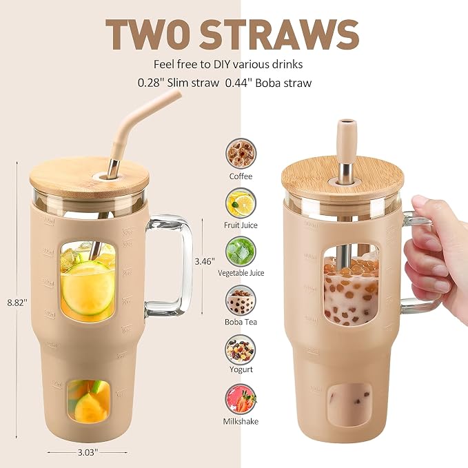 WINSA Glass Tumbler with Lid, 32 oz Glass Cup with Handle, Glass Water Bottles - Image 4