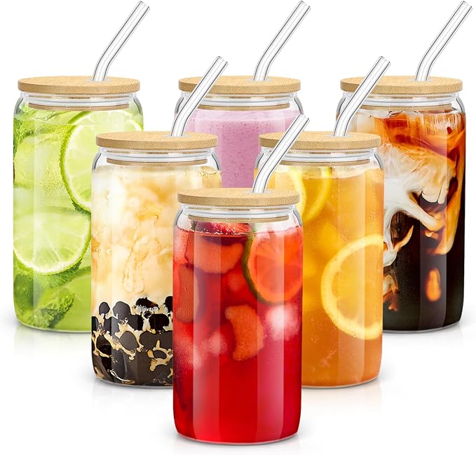 sungwoo 6PCS Glass Cups with Bamboo Lids and Straws, 16OZ Ice Coffee Cup by sungwoo