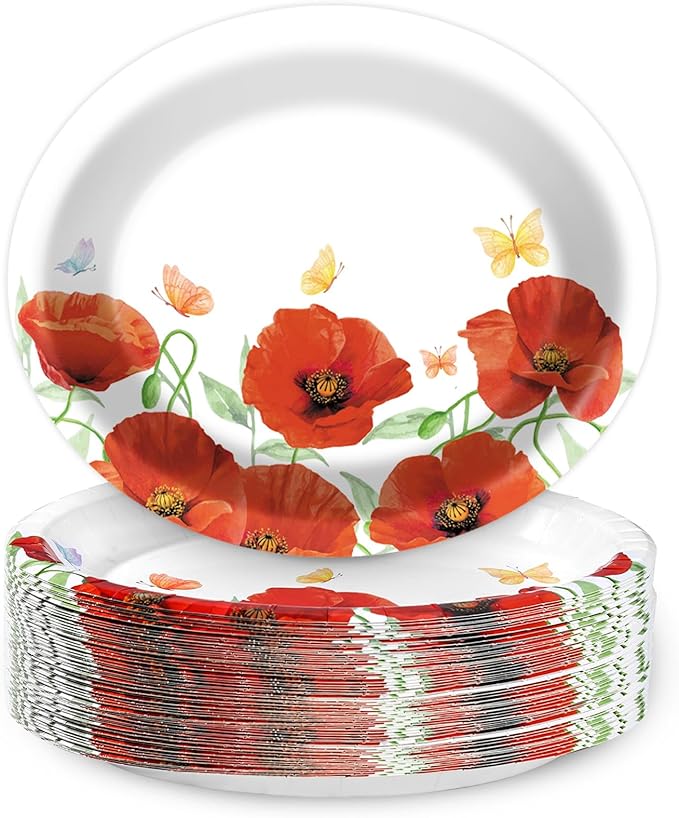 Poppy Oval Paper Plates 10’’ x 12’’,Large Disposable Heavy Duty and White Buffalo Checked Plaid Paper Plates for Birthday Wedding Bridal Baby Shower Tea Party Supplies,50 Guest