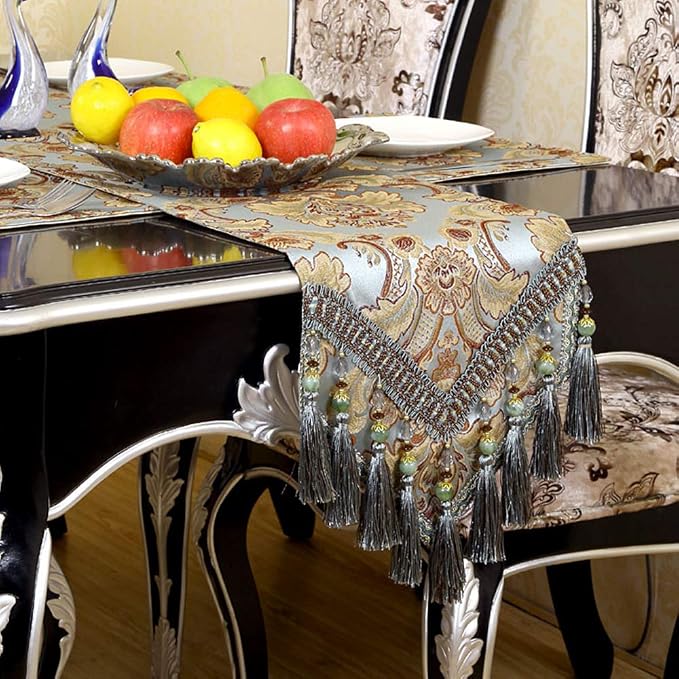 European Jacquard Fabric Multi-Tassels Table Runner by OZXCHIXU