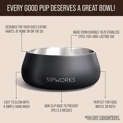 Sipworks Stainless Steel Dog Bowl – 32oz Weighted Metal Food and Water Bowls for Dogs and Cats with Non-Slip Base - Pet Bowls for All Breeds Sizes for Travel & Outdoor Play - Mahogany