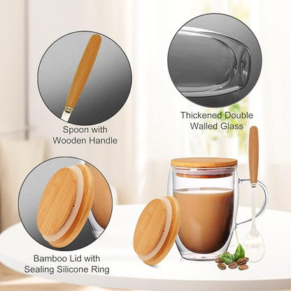 4 Pack 12oz Double Walled Glass Coffee Mugs - Image 3