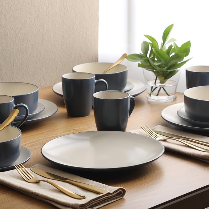 Gibson Elite Oxford Blue Plates and Bowls Sets, 16 Piece Stoneware Dinnerware - Image 3