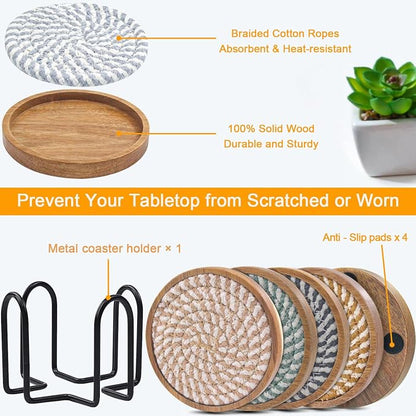 Wood Coasters for Drinks, Eykao Absorbent Coaster Sets of 5, Woven Drink - Image 5
