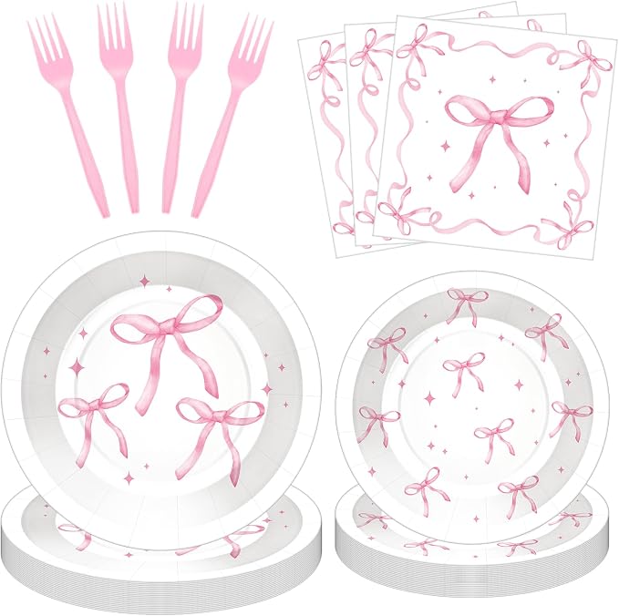 100 Pcs Pink Ribbon Bow Party Supplies Set, Serves 25 – Disposable Paper Plates by Merriva