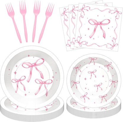100 Pcs Pink Ribbon Bow Party Supplies Set, Serves 25 – Disposable Paper Plates by Merriva
