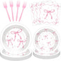 100 Pcs Pink Ribbon Bow Party Supplies Set, Serves 25 – Disposable Paper Plates by Merriva