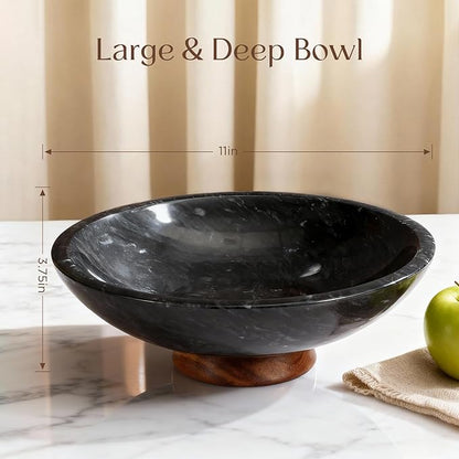Black Marble Fruit Bowl with Acacia Wood Pedestal, Large Decorative Footed Bowl, Natural Stone Centerpiece for Kitchen Counter, Entryway, Keys, Dining Table, House Warming Gifts New Home(11Inch)