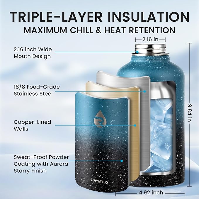 RAYMYLO Insulated Water Bottle 64 oz, Triple Wall Vacuum Stainless Steel | - Image 4