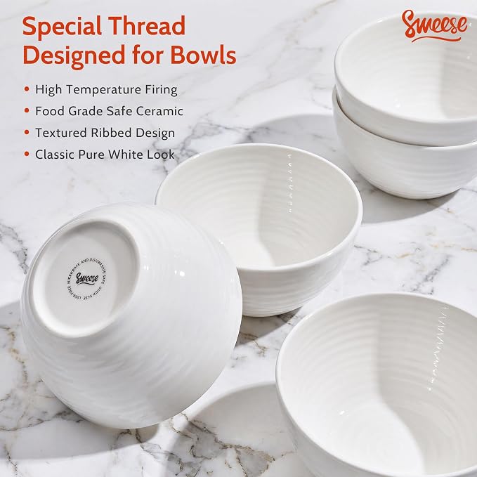 Sweese Ceramic Bowls Set of 6, 18 Oz Texture Ribbed Bowls, Wide Rim Stackable - Image 5
